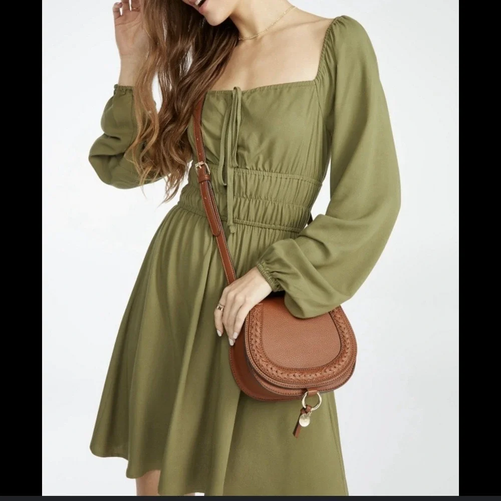Cottage Core Mini Dress Size Small Smocked Green/Olive FairyCore Long Sleeve - Picture 1 of 9